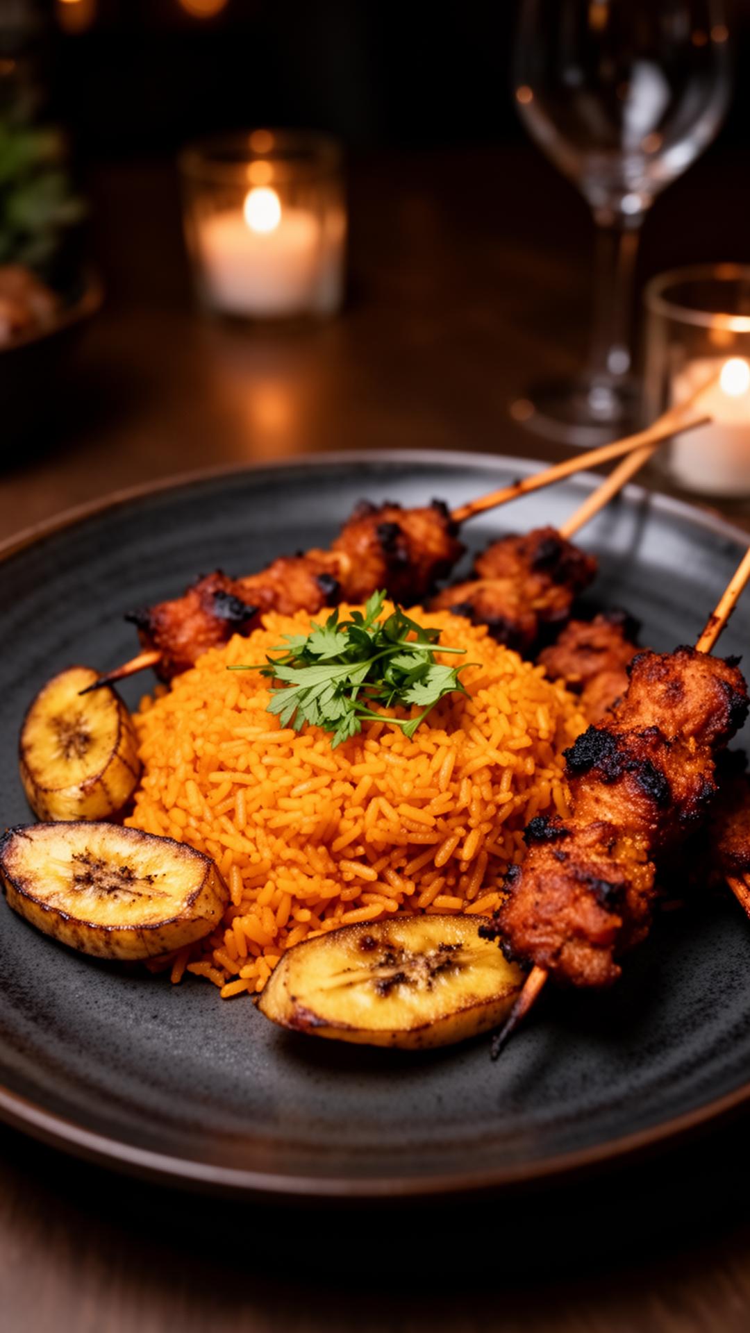 Plated West African cuisine — jollof rice with grilled suya and plantains at ONE40vue